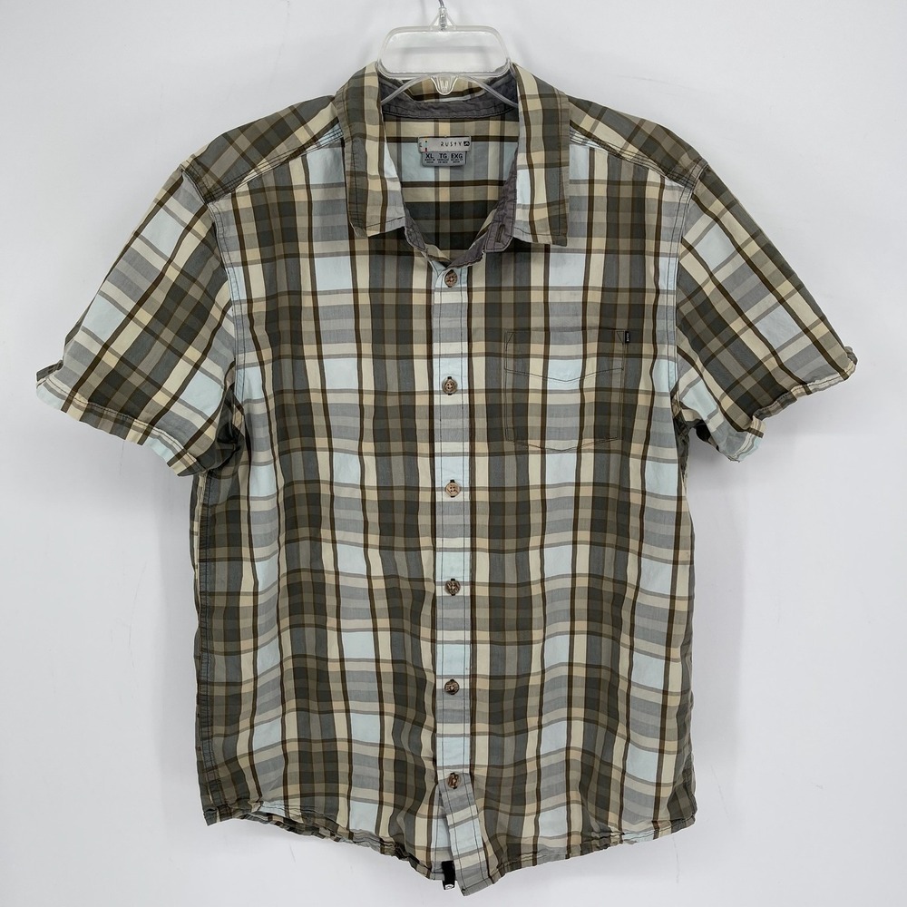 Rusty Men's Brown‎ Plaid Short Sleeve Casual Utility Button Down Shirt Size XL